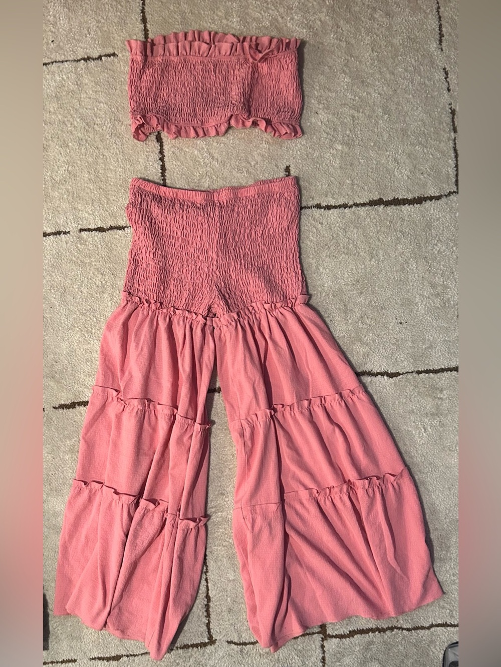 Smocked Waist Tiered Palazzo Pants set- Pink